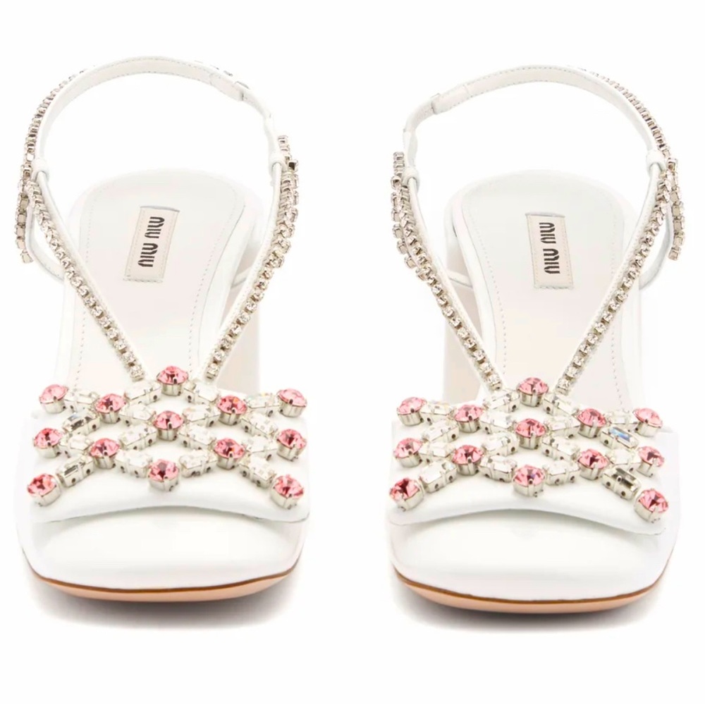 Miu Miu Crystal Embellished White Patent-Leather Pump/ Sandals. 39.5
